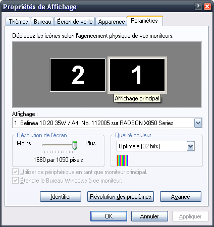 Configuration des &eacute;crans sous XP : &eacute;cran 1 &agrave; droite de l&acute;&eacute;cran 2