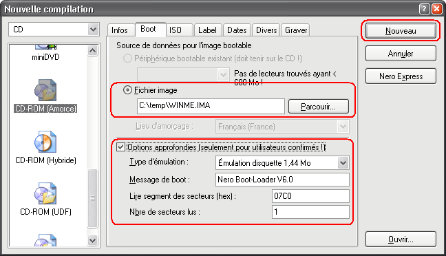 Configurer Nero pour utiliser le boot d&acute;une disquette de Windows Me