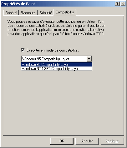 L&acute;onglet de compatibilit&eacute;