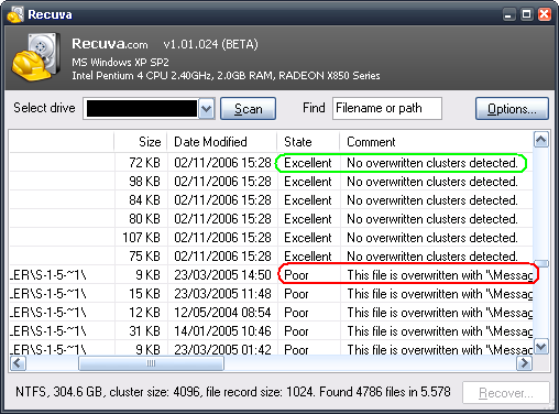 Une recherche issue de Recuva
