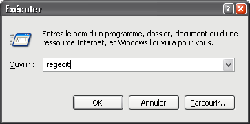 Lancement de l&acute;&eacute;diteur de registre via Ex&eacute;cuter...