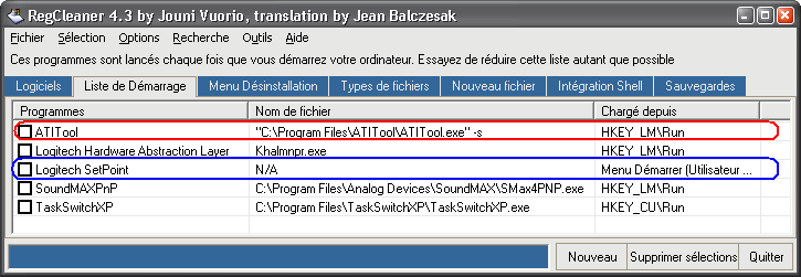 Les entr&eacute;es de RegCleaner