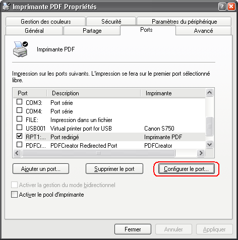 Configurer le port...